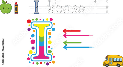 Letter I tracing worksheet—uppercase and lowercase practice with apple, crayon, arrows, and school bus