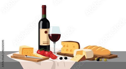 Classic still life scene of a romantic dinner with a bottle of red wine, a glass, assorted cheeses, fresh bread, and tomatoes.