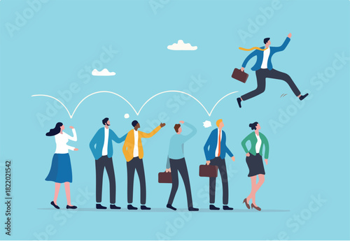 Career competition, job promotion or selfish colleagues jump over other people to get to goal, take advantage of coworker to success, selfish businessman jump over other people to achieve target