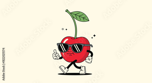 A cool retro cartoon character of a walking cherry wearing sunglasses and giving a thumbs-up gesture on a light background.