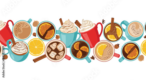 A seamless horizontal border of various cozy winter drinks like hot chocolate, coffee, and mulled wine in colorful mugs from a top view.