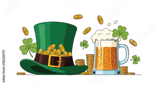 A festive St. Patrick's Day composition with a leprechaun hat full of gold coins, a frothy mug of beer, and lucky shamrocks.