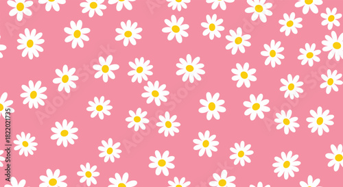 A simple and cheerful seamless pattern with cute, hand-drawn white daisies scattered randomly across a bright pink background.