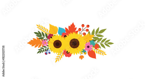 A vibrant and colorful autumn floral arrangement with two large sunflowers, various fall leaves, flowers, and berries on a white background.