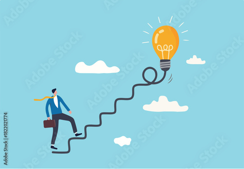 Creativity for business idea, thinking and brainstorm for new idea or opportunity, career path or goal achievement, businessman start walking on electricity line as stairway to big idea lightbulb.