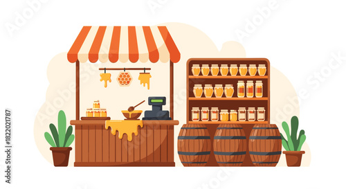 Illustration of a charming local honey market stall with a striped awning, shelves of honey jars, barrels, and a wooden counter.