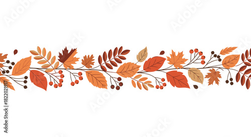 A seamless horizontal autumn border featuring branches with colorful fall leaves and red rowan berries on a clean white background.