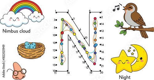 Letter N dot-to-dot puzzle—nimbus cloud, nest, nose, night scene, and singing bird