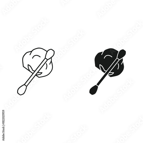 Simple line art and silhouette icons of cotton swabs and cotton balls