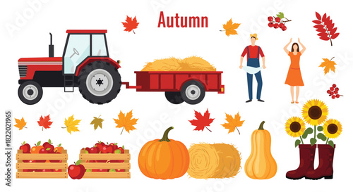 A collection of autumn and harvest-themed clip art, including a tractor, farmers, pumpkins, apples, hay, sunflowers, and fall leaves.