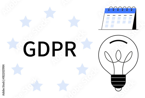 GDPR text surrounded by stars, a calendar symbolizing deadlines, and a light bulb for ideas and innovation. Ideal for data privacy, innovation, legislation, compliance, planning, creativity