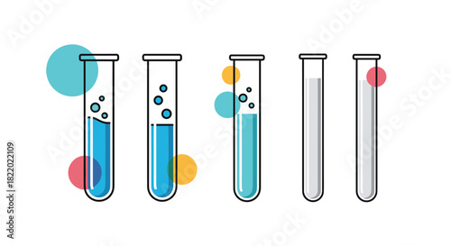A set of five scientific test tubes, some filled with bubbling blue liquid and others empty, with colorful abstract circles behind them.