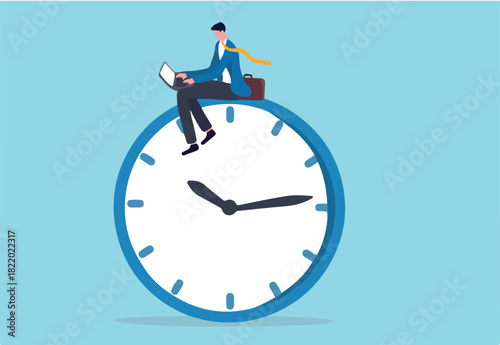 After hours worker, working late overtime or career that work in different time concept, confident businessman using computer laptop sitting on clock working at night with colleague in other country.