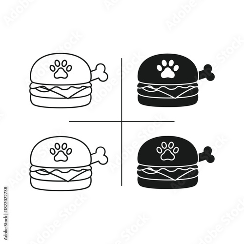 Four stylized pet food burgers with paw prints and bones in black and white