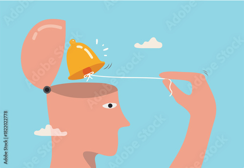 Self awareness, psychological state in individuality of behavior or feeling, self acceptance or personality concept, a man ringing the bell in his self brain head metaphor of awareness of his exist