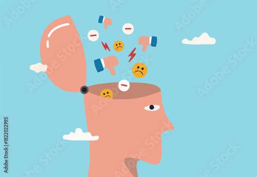 Negative thinking bad attitude cause of failure or fear, depression and sadness, emotional or mental problem, stress anxiety concept, human open head with negative symbol, thumb down, anger and chaos.