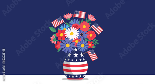 A patriotic floral centerpiece in a stars and stripes vase, filled with colorful flowers and American flags against a blue background.