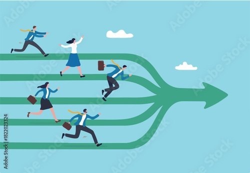 Collaboration or working together to achieve target, leadership to drive team success, teamwork or unity to win business concept, business people running their way to fuse in one strong direction.