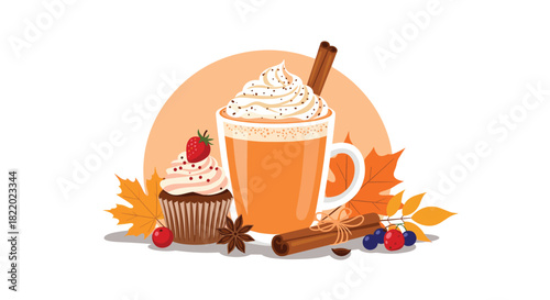 A cozy autumn illustration of a pumpkin spice latte with whipped cream, alongside a cupcake with strawberry and colorful fall leaves.