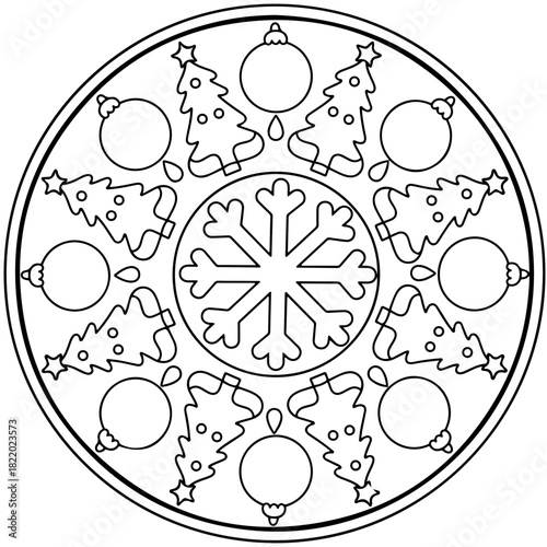 Simple New Year Mandala with Christmas Trees and Baubles, Kids Coloring Page, Festive Ornament