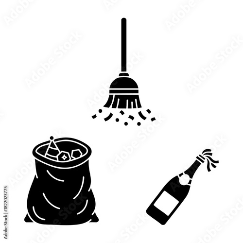 Party Cleanup Broom Trash Bag and Empty Bottle Three Silhouette Icons
