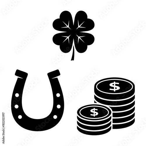 Symbols of Luck Clover Horseshoe and Coins Three Silhouette Vector Set