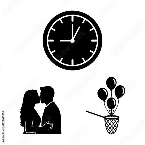Midnight Moment Clock Kiss and Balloon Drop Three Silhouette Set