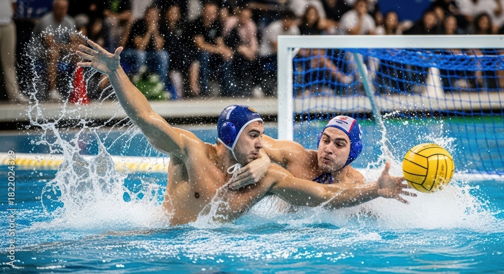 Naklejka premium Competitive male water polo match intense action near goal