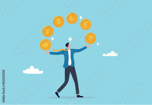 Currency exchange, international money transfer or foreign exchange, forex trading, global financial economy or currency convert concept, rich businessman juggling various international money coins.