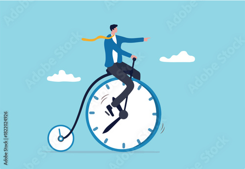 Productivity or efficiency spending time to finish work, time management or work life balance concept, businessman riding vintage bicycle with front wheel as clock and small wheel as stopwatch timer.
