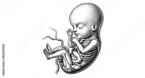 Intricate anatomical depiction of fetus with visible skeleton in detailed style