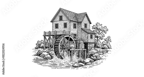 Vintage watermill with wooden house in detailed black and white drawing style