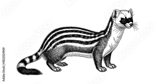 Engraved drawing of a linsang with detailed stripes and masked face