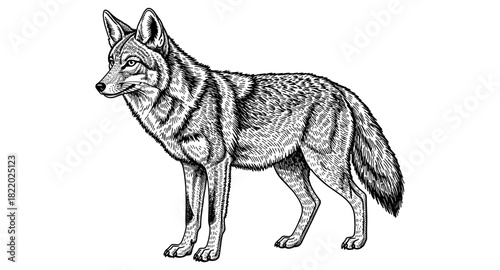 Detailed hand drawn coyote illustration in black and white