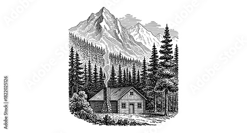 Rustic cabin in pine forest with majestic mountain background in vintage engraving style
