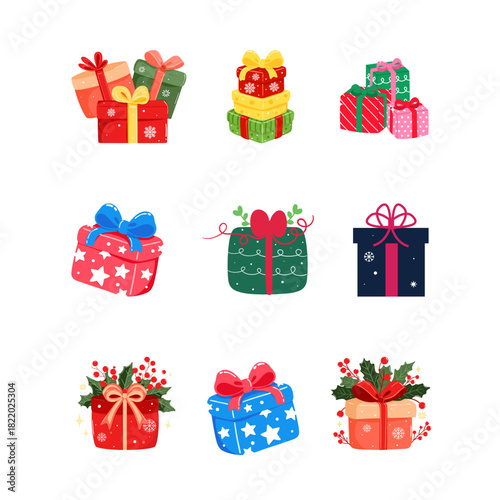 Collection of festive Christmas gift boxes with ribbons and decorations, marry Xmas day