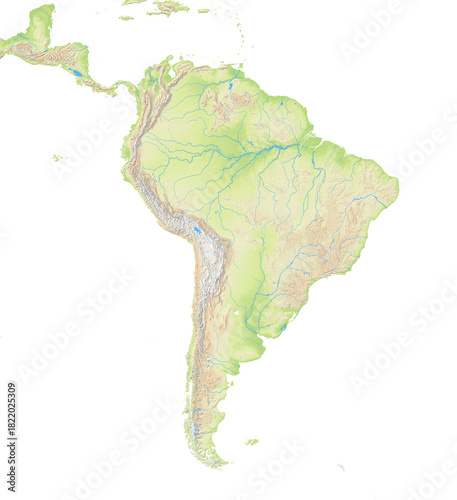 Map of South America showing the isolated landmasses with relief representation, rivers, lakes. No boundaries. No labels at all.