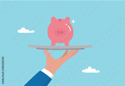 Offer investment and savings service, best wealth management or business loan, mutual funds and financial solution concept, businessman professional hand serving precious piggybank in luxury tray.
