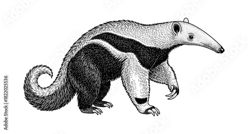 Detailed pen drawing of giant anteater on white background