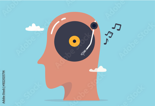 Listen to music while study or working, melody to relax or enjoy life, psychology or chill music help emotional concept, human head with vinyl record playing song in his head metaphor of music lover.