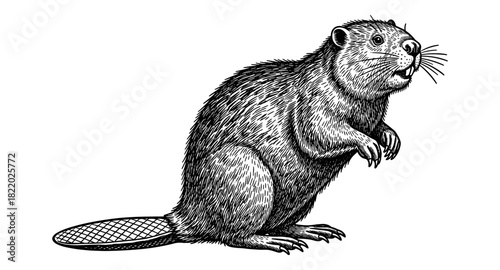 Intricate black and white engraving of a beaver in traditional style