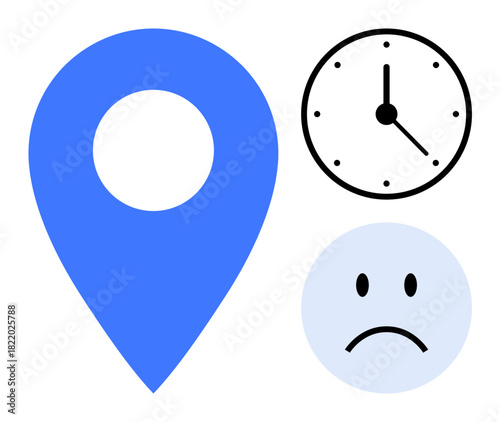 Location delay concept. Blue map pin, clock symbol, and sad face icon highlighting issues with delays or waiting. Perfect for time management, logistics, frustrations, missed schedules, or navigation