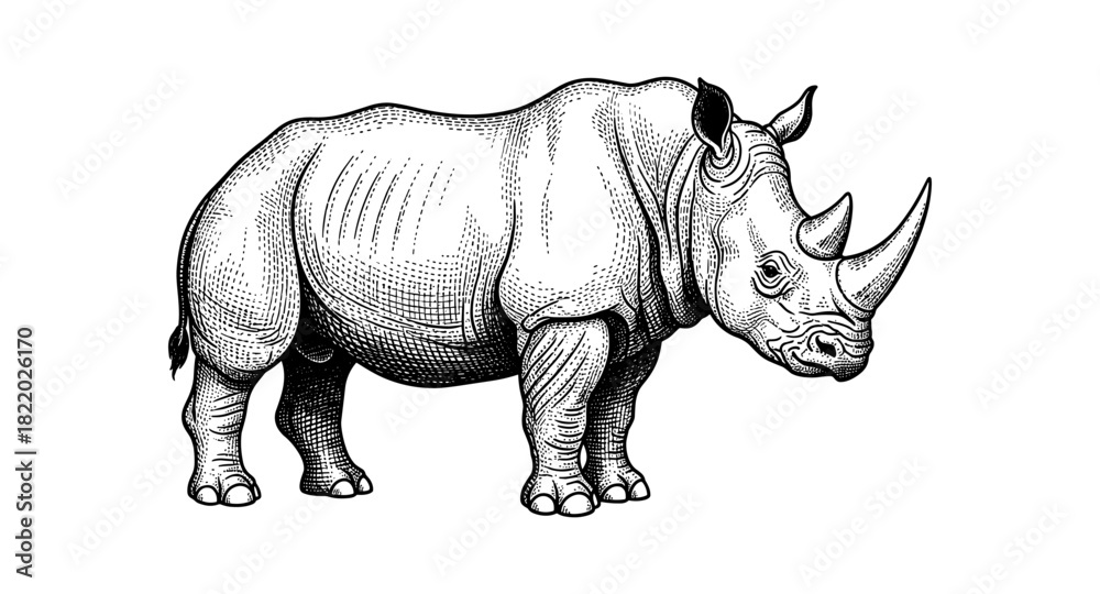 Fototapeta premium Intricate monochrome rhino: detailed black and white ink sketch of a majestic rhinoceros