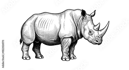 Intricate monochrome rhino: detailed black and white ink sketch of a majestic rhinoceros