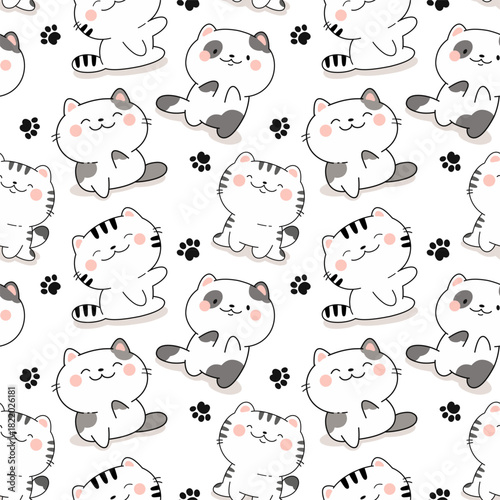 Seamless pattern with cute kawaii cats, fabric print
