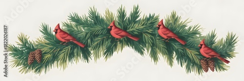 Festive christmas garland with cardinals and pine cones isolated on white background