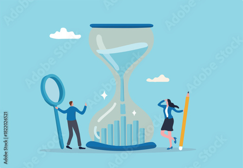 Time management or employee timesheet analysis, time tracking efficiency or productivity, working hour or project schedule concept, business people project manager analyze time graph in sandglass. 