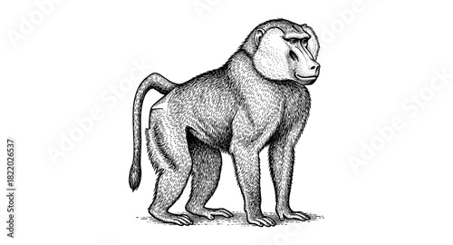 Detailed hand-drawn baboon engraving in monochrome style