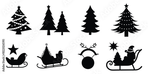 Christmas tree and sleigh silhouette collection for holiday designs