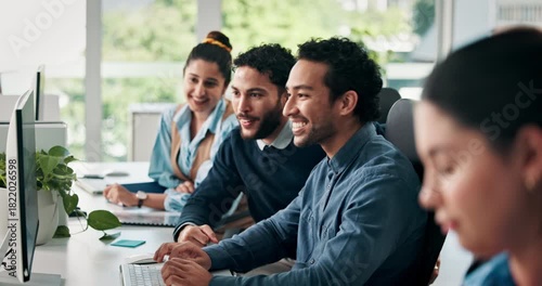 Businessman, computer and colleagues with help at desk, happy with web error solution or problem solving for typing. Advice, resolve tech glitch or insight with review and people at coworking office